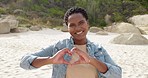 Face, heart sign and woman on beach, summer vacation and happiness with joy, cheerful and relax. Portrait, African American female and lady with symbol for love, care and kindness on seaside holiday