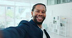 Selfie, peace and a business black man smiling while posing for a picture in his office at work. Portrait, hand gesture and happy with a male employee taking a photograph alone in his workplace