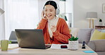 Woman on video call with work from home laptop, headphones and virtual international online meeting. Hello, wave and asian person in China in webinar for remote working or global update in computer