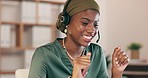 Telemarketing, customer service and black woman speaking, call center and agent in workplace. African American female employee, consultant and worker with headset, tech support and explain new system