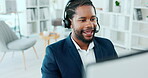 Video call, computer and black man in virtual communication, call center or online meeting in office. Professional person in work from home office and desktop for support, update or talking of advice