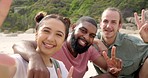 Selfie, vacation and friends on beach, travel and happiness with joy, cheerful and adventure. Portrait, happy group or young people on seaside holiday, peace sign and wellness with bonding and loving
