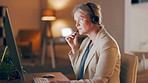 Microphone, woman or consultant in call center helping, talking or networking online in telecom office. Tech support or insurance agent in communication or conversation at customer services or sales 