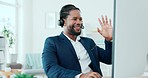 Black man, computer and consulting in video call for business, conference or webinar in remote work. Happy African American businessman talking with headset on PC in telemarketing at home office desk