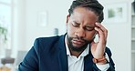 Business, stress and black man with headache, fatigue and burnout in workplace, tired and exhausted. African American male employee, consultant and manager with migraine, depression and mental health