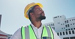 Black man, construction and safety helmet in the city for architecture, building or industrial work at site. Happy African American contractor, engineer or architect ready to build or project in town