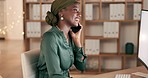 Phone call, night and black woman in international communication, global client or office discussion. African virtual assistant or Nigeria business person talking on smartphone and typing on computer