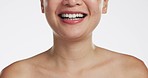 Smile, dental and mouth of a woman in a studio laughing with clean, white and healthy teeth. Dentistry, wellness and closeup of female model with oral hygiene treatment or routine by white background