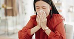 Tissue, blowing nose and sick Asian woman in office with sinus infection, virus and allergy symptoms. Business, corporate workplace and female worker at desk with cold, fever problem and flu sickness