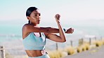 Fitness, Indian woman stretching arms and outdoor running workout on road for health and wellness. Sports, motivation and healthy mindset, urban training and stretch for runner exercise or marathon.