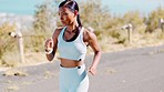 Running, sports and woman on mountain in action for exercise, marathon training and endurance workout. Fitness mockup, motivation and girl athlete on street for wellness, healthy body and cardio
