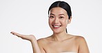 Asian woman, face and advertising space for beauty on white background, mockup and studio. Happy portrait, female skincare model and hands marketing cosmetics promotion, product placement and mock up