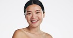 Skincare, asian woman and face of beauty, smile or happiness of laser results on white background. Happy model, studio portrait and aesthetic wellness of salon cosmetics, healthy shine or dermatology