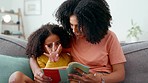 Book, math and mother and child reading, learning and studying for education. Study, mathematics and mom and girl counting, teaching numbers and calculations together from a notebook at home