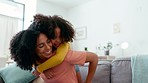 Happy, piggyback and hug by mother with daughter on a sofa, laugh and play in their home together. Embrace, love and parent with girl on a couch, bond and fun with hugging, game and relax on weekend