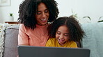 Learning, mother and girl laughing with laptop on sofa in home living room, care and bonding. Computer, family education and happy mama teaching funny kid or child typing for elearning and homeschool