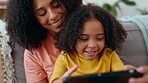 Learning, mother and girl with tablet on sofa in home living room, care and bonding. Technology, family education and happy mama playing with kid or child for streaming movie, video or gaming online