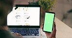 Laptop, green screen and phone in hands for food delivery order, restaurant menu and online shopping catalog. Person on ecommerce website or omnichannel choice for lunch on cellphone chromakey mockup