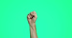 Green screen, protest and hand in fist in studio for empowerment, freedom and human rights in studio. Equality mockup, justice and isolated arm with gesture for revolution, support and peace fight