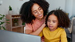 Learning, mother and girl typing on laptop in home living room, care and bonding. Family computer, online education and happy mama teaching or help kid or child for elearning, homework and homeschool