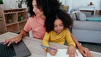 Learning, mother on laptop and girl drawing in home living room, care and bonding. Development, online education and happy mama teaching or help kid for elearning, art homework and homeschool book.