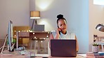 Black woman, night business and phone call at laptop in office, desk or contact of communication. Female worker, overtime and talking on smartphone for network management, planning of tech consulting