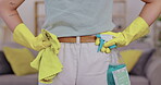 Woman, back and detergent for housekeeping, cleaning or disinfection in living room at home. Rear view of female cleaner with sanitary equipment for clean hygiene, chores or dirt removal indoors