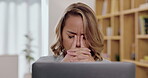 Headache, stress and sad woman on laptop with career burnout, anxiety and mental health risk in office. Crying, pain and depression of tired person with anxiety on computer mistake, fail or fatigue