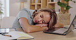 Asian woman, sleeping and laptop on desk in remote work, finance or accounting at home office. Tired female financial freelancer asleep on table by computer with notebook, tablet and calculator