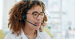 Work from home, call center and woman, friendly agent or consultant in tech support, virtual assistant or telecom. Remote worker or happy black person in callcenter communication or telemarketing job