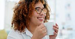 Relax, happy and a woman drinking coffee for stress relief, morning caffeine and peace. Calm, thinking and a girl with a cup of of tea, warm beverage and enjoying a drink while relaxing at home