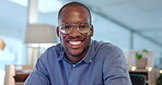 Face of a happy black man in office working with computer reflection for digital, internet or online management career. Business person in USA with job mindset, goals and excited for night project