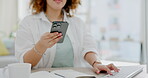 Phone computer and woman hands typing information, mobile app data or social media research on multimedia. Happy biracial person on office cellphone, desktop keyboard and technology for internet job