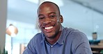 Business black man, face and smile in office with pride, excited and confident with success, startup and boss. African entrepreneur, businessman and happiness in workplace portrait for management