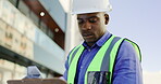 Checklist of black man, construction worker or engineering contractor in urban engineering for safety compliance. City buildings, serious inspection and builder person writing notes for architecture