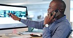 Phone call, computer screen and man with website information, business quote and client networking. Professional black person talking on cellphone for support, advice and financial agreement planning