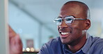 Happy black man on computer for digital, internet or online management, software solution or goals. Business person with data analytics, stock market research and night reading in glasses reflection