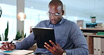 Tablet, thinking and writing with a black man consultant working in his customer service office for support. Business, idea and notebook with a male customer service employee at work in a call center