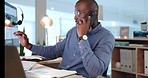 Black man, business and mobile phone call in office with notes, planning and computer for communication. African entrepreneur, businessman and smartphone with desktop pc, networking and discussion