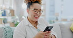 Woman, phone and smile typing, chatting or communication for social media on living room sofa at home. Happy female texting on mobile smartphone app for browsing, email or searching on lounge couch