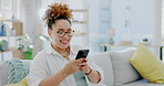 Woman, phone and smile typing in social media, communication or chatting on living room sofa at home. Hand of happy female texting on mobile smartphone app for browsing, email or searching on couch