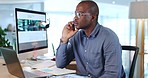 Thinking, business and serious black man in office on tablet for ideas, brainstorming and contemplation. Technology, corporate and male worker with computer for research, online project and strategy 