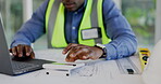 Architecture, laptop and calculator of man planning blueprint with ratio check, numbers and project development design. Hands of black person, contractor or worker for floor plan strategy on computer