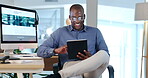 Tablet, meme and break with a business black man in his office, sitting at his desk while working online. Internet, technology or social media with a male employee reading an article in the workplace