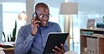 Phone call, business and black man talking with tablet in office for networking, connection and conversation. Communication, corporate and happy male worker on digital tech, speaking and chat online