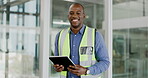 Face of engineering man with tablet for project management mindset, goals and happy architecture career planning. Portrait of construction worker or african person in office building on digital tech