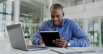 Office tablet, reading and happy black man review of data analysis, social media statistics or customer experience insight. Brand monitoring software, ecommerce and person working on online feedback