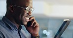 Phone call, communication and black man talking with tablet for networking, conversation and connection. Discussion, glass office and male worker on digital tech for research, planning and strategy