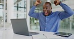Laptop, excited and happy black man celebrate IPO launch, stock market trading news or financial revenue winner. Achievement, ecommerce cheers or person scream for forex, bitcoin or crypto NFT profit