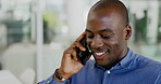 Black man, laughing with phone call and communication, casual chat and talking with happy person at work. Funny conversation, happiness and businessman face with contact, discussion and connection